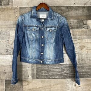 Jessica Simpson Jean Jacket Size M Cropped Distressed Blue Denim Biker Trucker‎
